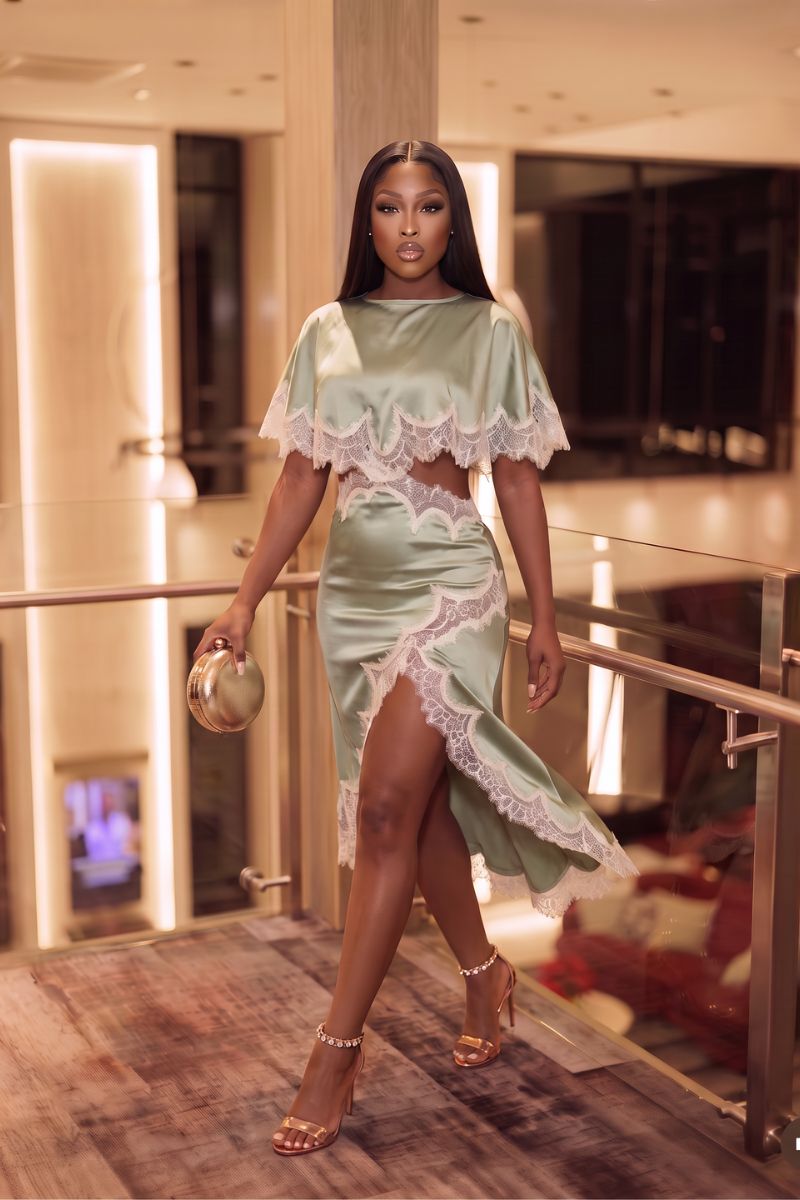 Sage Satin Lace Trim Dress